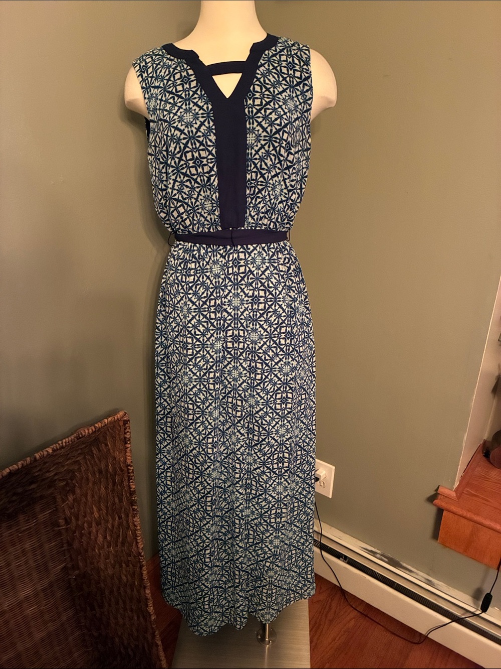 AB Studio Navy and Light Blue Geometric Sleeveless Maxi Dress